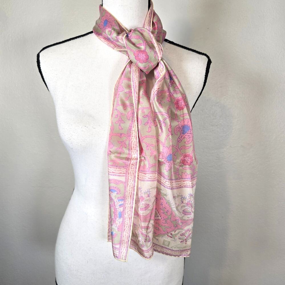 Vintage 70s 80s Anne Klein Silk? Scarf Womens Pink Green Floral Block Print Boho